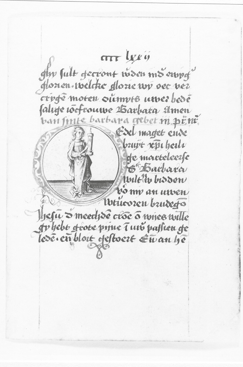 Fig. 1  Manuscript leaf written in Middle Dutch, with an engraved roundel by Israhel van Meckenem representing St Barbara, standing with her attribute. Unlabelled documentary photograph housed at the Warburg Institute, London.