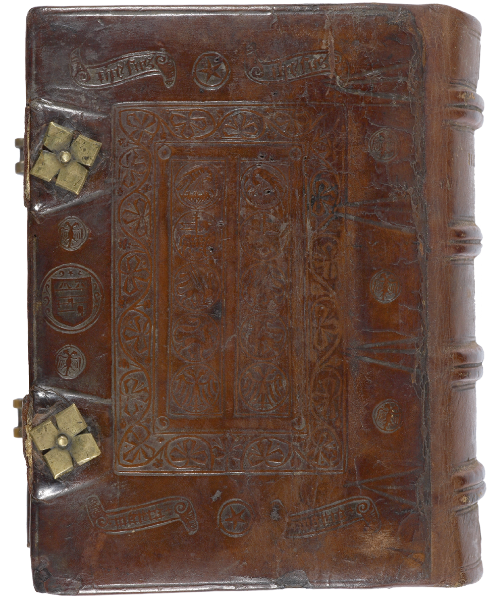 Figs. 2a and 2b  Manuscript binding, binding front and back, blind stamped leather over boards, made by the beghards of Maastricht c. 1500 (rebacked after 1861). London, British Library, Add. Ms. 24332.