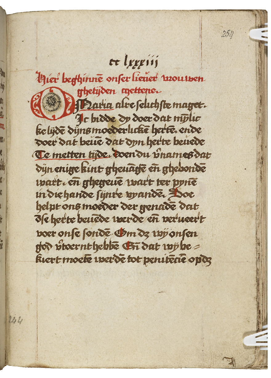 Fig. 5  Folio from the beghards’ book of hours with a printed rosette pasted into the initial. London, British Library, Add. Ms. 24332, fol. 254r (modern foliation).