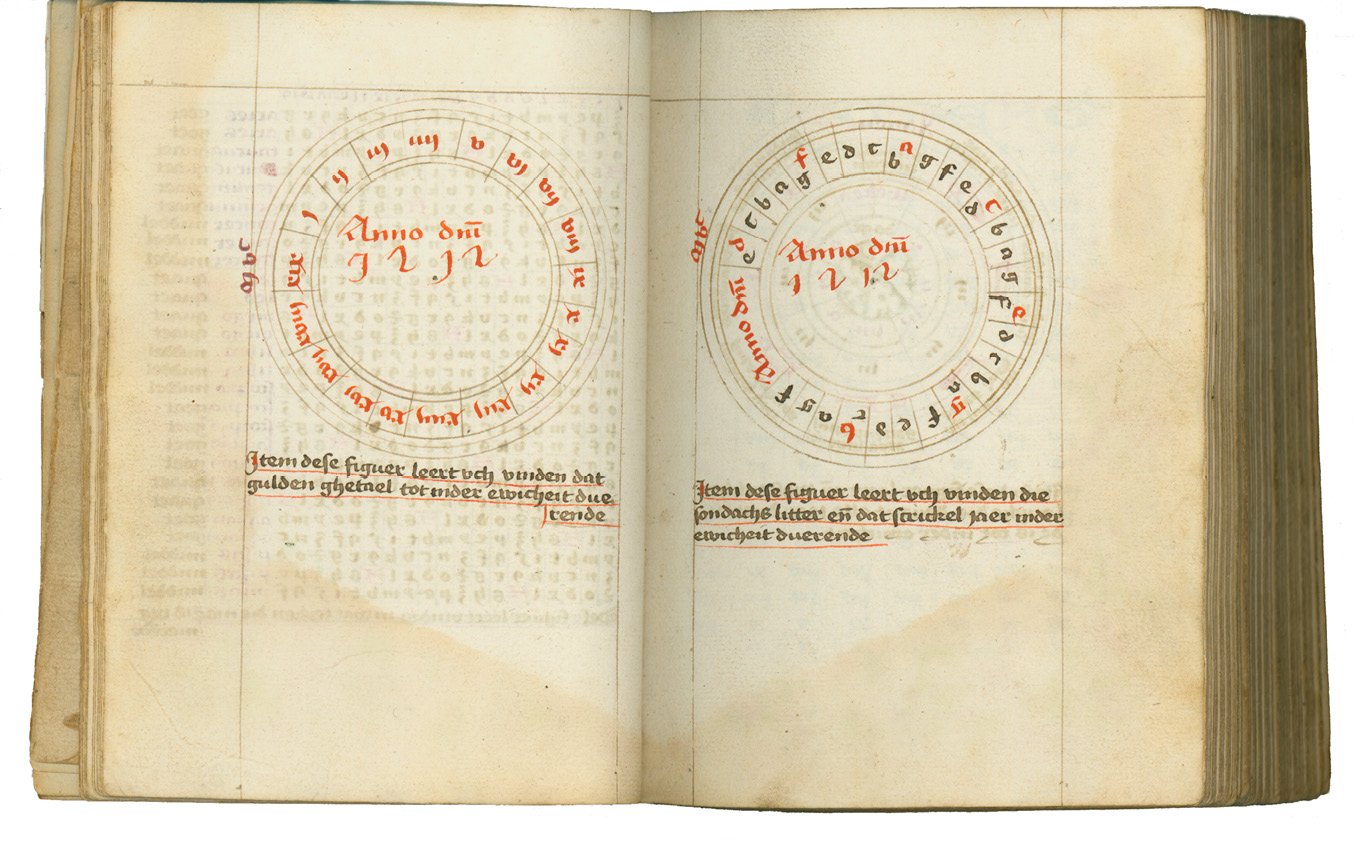 Fig. 13  Opening in a prayerbook made in Maastricht, with computational circles dated 1500. Maastricht, Regionaal Historisch Centrum Limburg, 22.001A Handschriften GAM, inv.nr. 462, fol. 15v-16r.