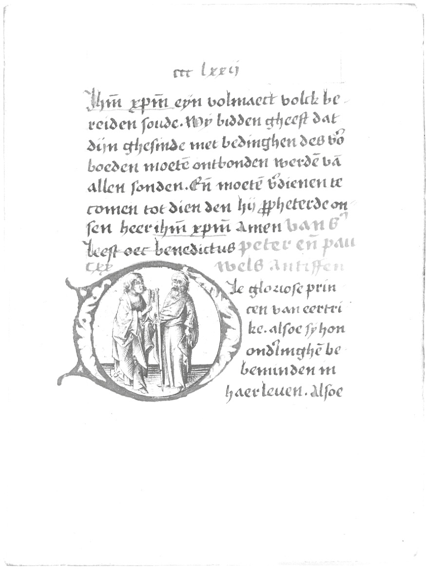 Fig. 17  Manuscript leaf written in Middle Dutch, with an engraved roundel by Israhel van Meckenem representing SS Peter and Paul, standing with their attributes. Unlabelled documentary photograph, housed at the Warburg Institute, London.