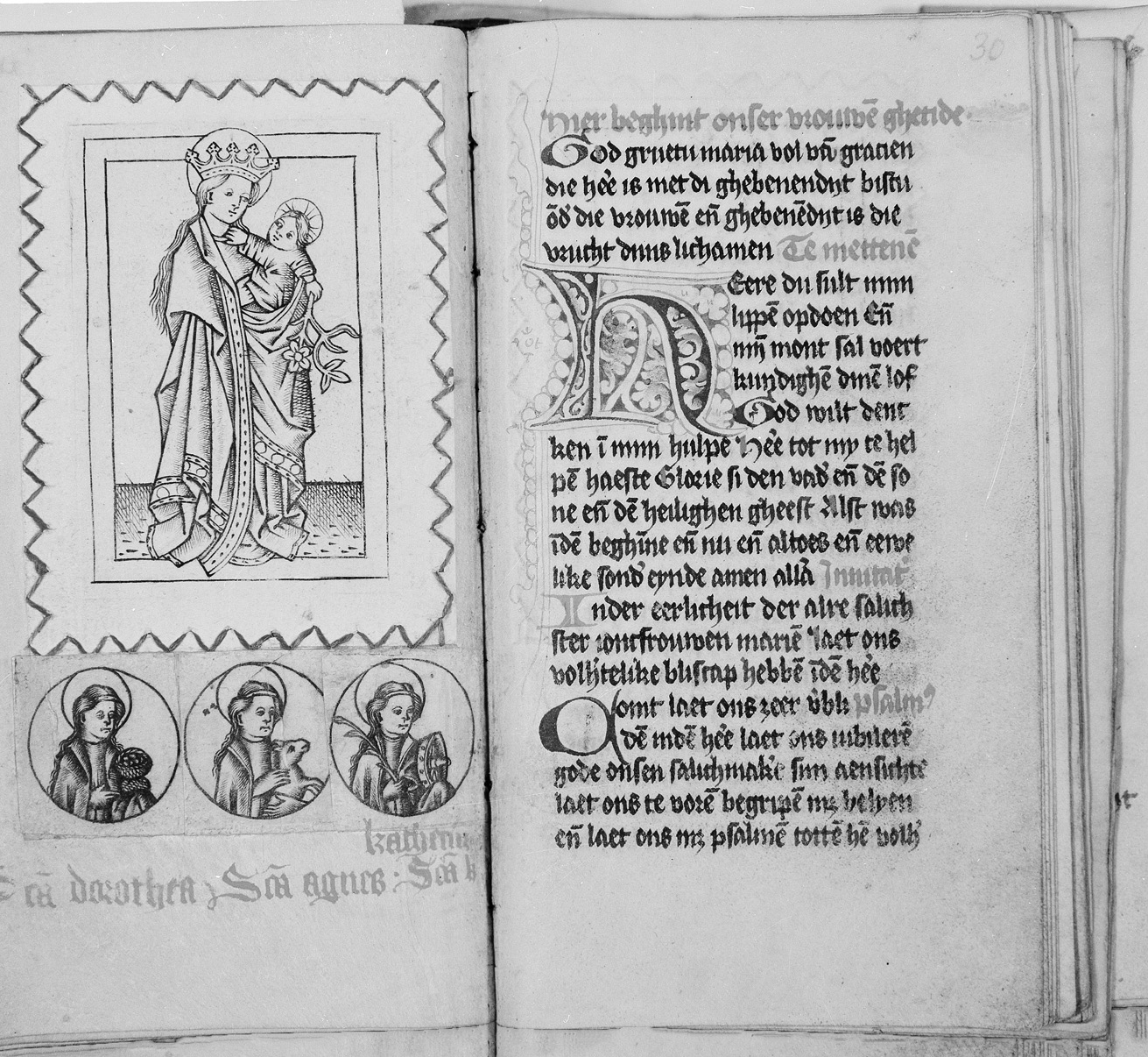 Fig. 24  Opening from a prayerbook with three engravings by the Master of the Flower Borders glued to it and one sewn to it. Vienna, Österreichische Nationalbibliothek, ser. Nova 12715, fols 29v-30r.