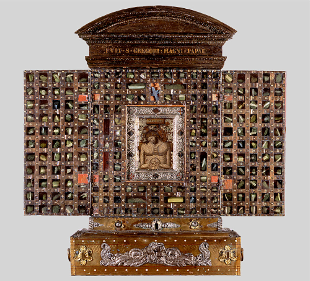 Fig. 29  Mosaic icon with the Akra Tapeinosis (Utmost Humiliation), or Man of Sorrows, in a series of frames. Mosaic icon, Byzantine, late 13th–early 14th century. Basilica di Sta Croce in Gerusalemme, Rome.