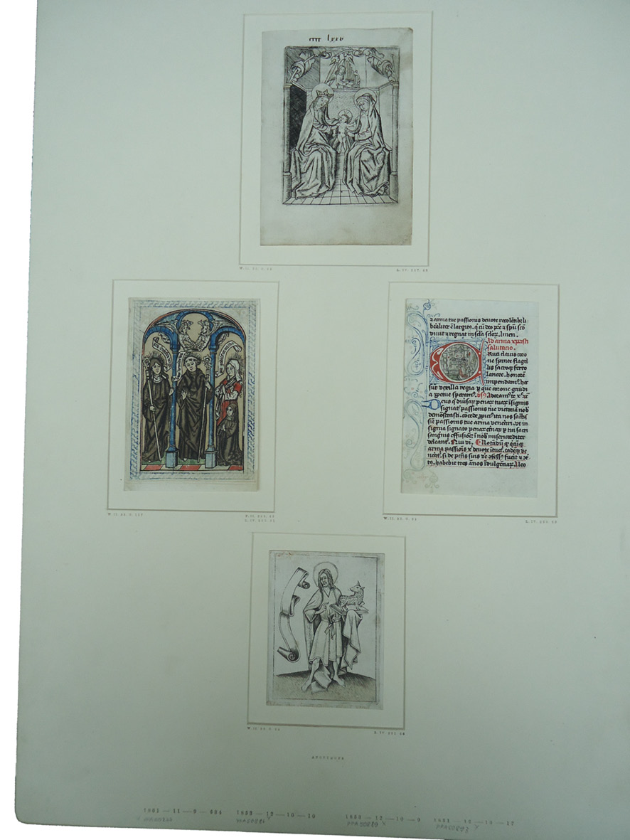 Fig. 38  London, British Museum, Department of Prints & Drawings, inv. 1861,1109.634 (St Anne, Mary, and Jesus) and three other manuscript leaves, including two from the St Godeleva manuscript.