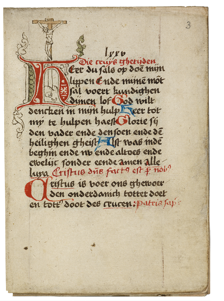 Fig. 46  Incipit of the Hours of the Cross, formerly belonging to the beghards’ manuscript. London, British Library, Add. Ms. 41338, fol. 3r.