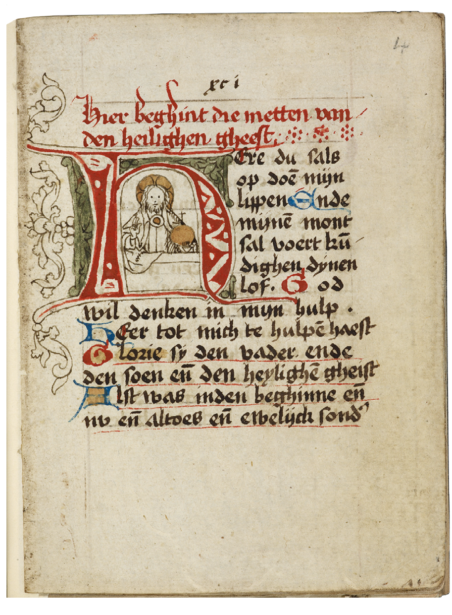 Fig. 47  Incipit of the Hours of the Holy Spirit, formerly fol. xci in the beghards’ manuscript. London, British Library, Add. Ms. 41338, fol. 4r.