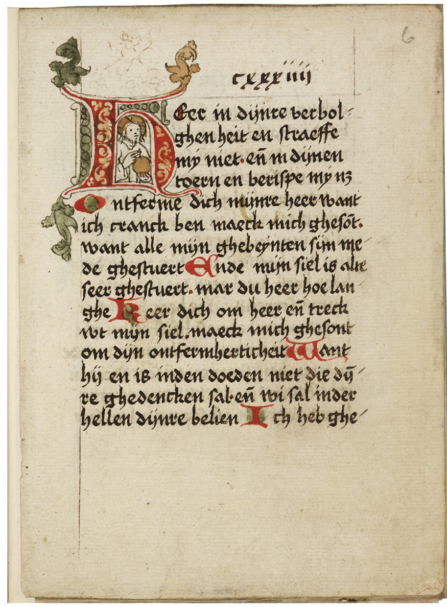 Fig. 48  Incipit of the Seven Penitential Psalms, formerly fol. cxxxiiij in the beghards’ manuscript. London, British Library, Add. Ms. 41338, fol. 6r.