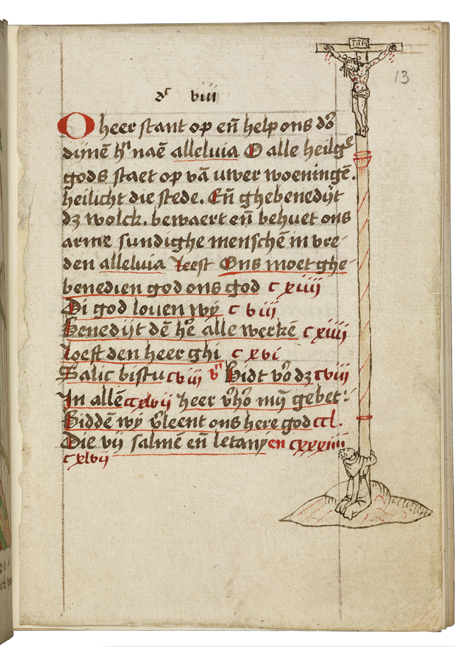 Fig. 51  Folio from the beghards’ book of hours, with a marginal pen drawing depicting a kneeling cleric at the foot of the Cross. London, British Library, Add. Ms. 41338, fol. 13r.