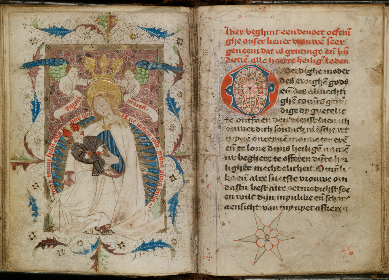 Fig. 54  Virgin of the Sun, parchment painting, inserted to face a prayer to the Body Parts of the Virgin. The Hague, Koninklijke Bibliotheek, Ms. 75 G 2, fol. 196v-197r.