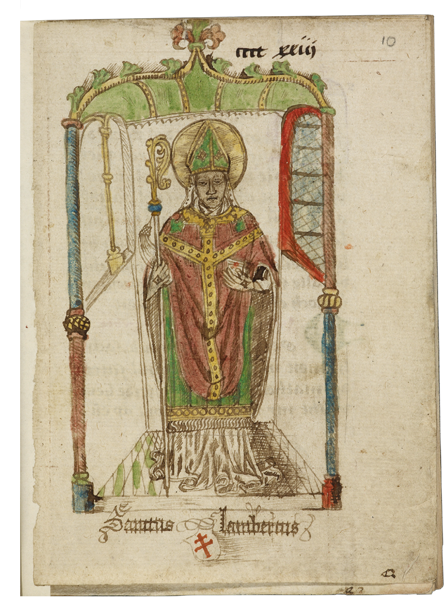 Fig. 55  Folio from the beghards’ book of hours, with a coloured drawing depicting St Lambert. The frame measures 123 x 68 mm. London, British Library, Add. Ms. 41338, fol. 10r, formerly folio cccc xxiii, BM 696.