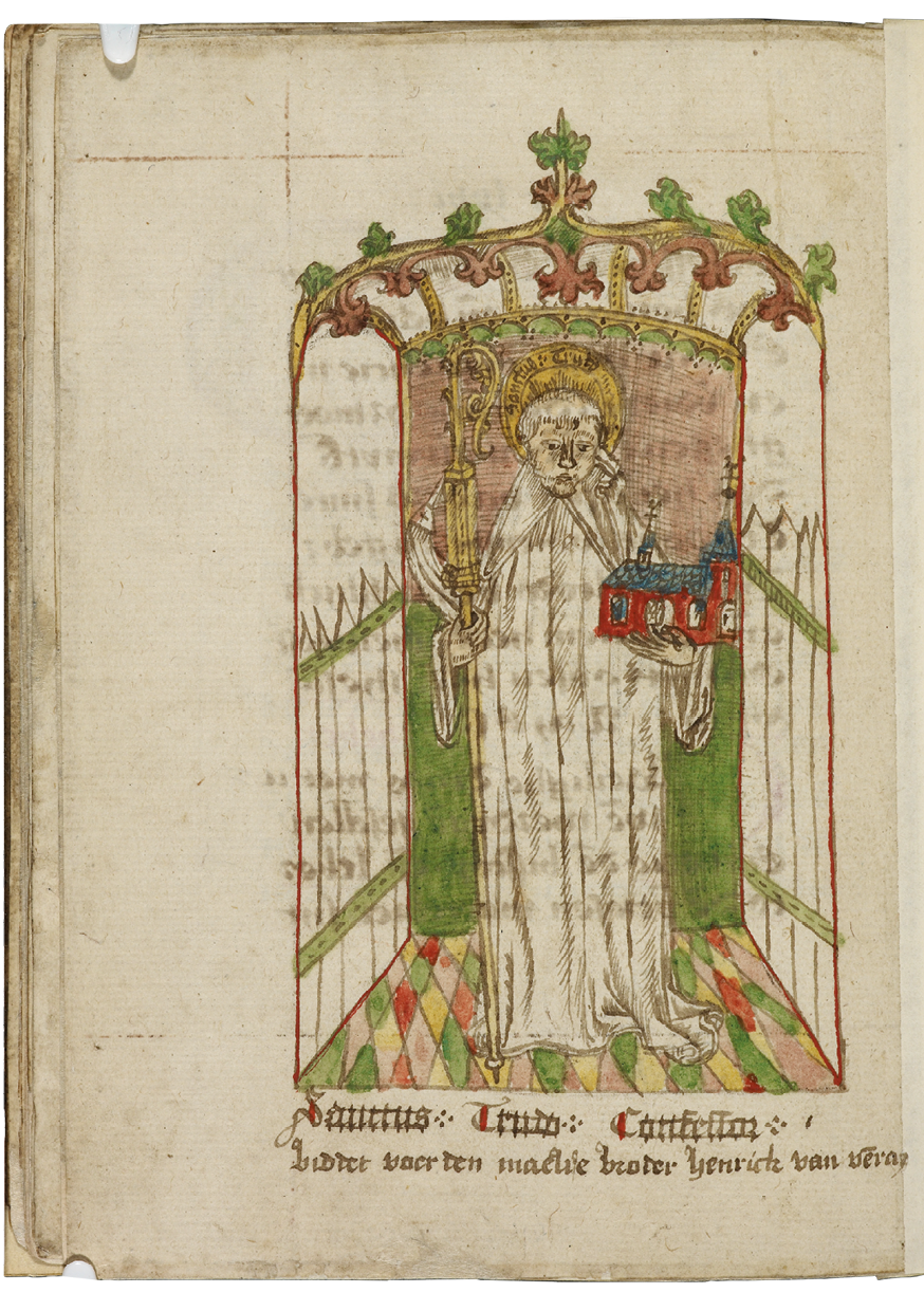 Fig. 56  Folio from the beghards’ book of hours, with a coloured drawing depicting St Trudo. The frame measures 114 x 62 mm. London, British Library, Add. Ms. 41338, fol. 12v.