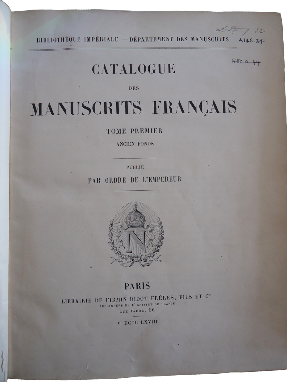 Fig. 59  Title page from 1868 catalogue of the Bibliothèque Imperiale.