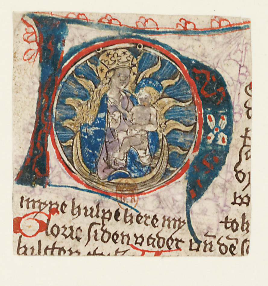 Fig. 61  Virgin of the Sun engraving, hand-coloured and pasted into the letter H in a German prayerbook. Paris, BnF, Département des Estampes, Ea20aRes. Published with kind permission from the Bibliothèque nationale de France.