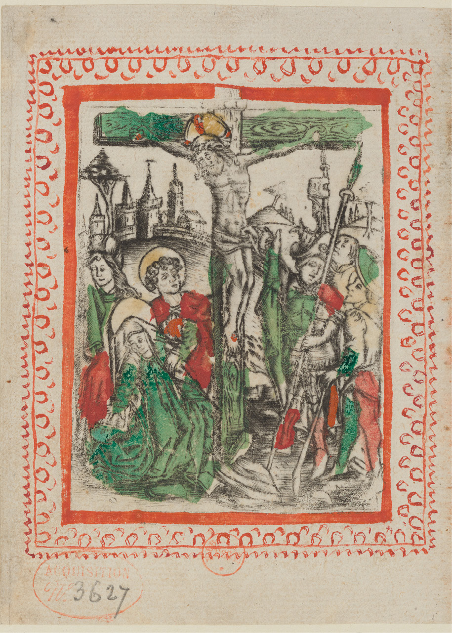Fig. 62  Crucifixion, hand-coloured engraving, with a red penwork frame. Paris, BnF, Département des Estampes, Ea18cRes 28. Published with kind permission from the Bibliothèque nationale de France.
