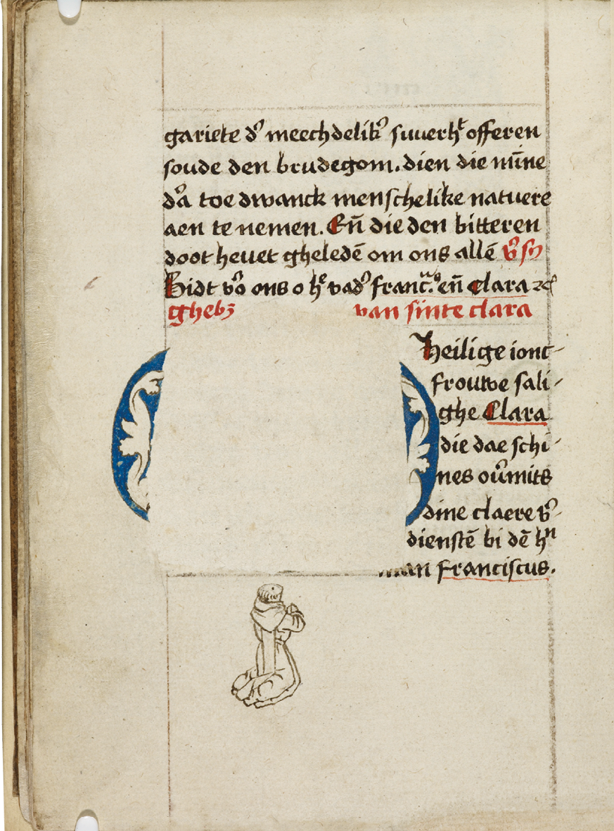 Fig. 77  Folio from the beghards’ book of hours, with a pen drawing of a kneeling cleric, beneath an initial that probably once contained a print depicting St Clare. London, British Library, Add. Ms. 41338, fol. 9v.