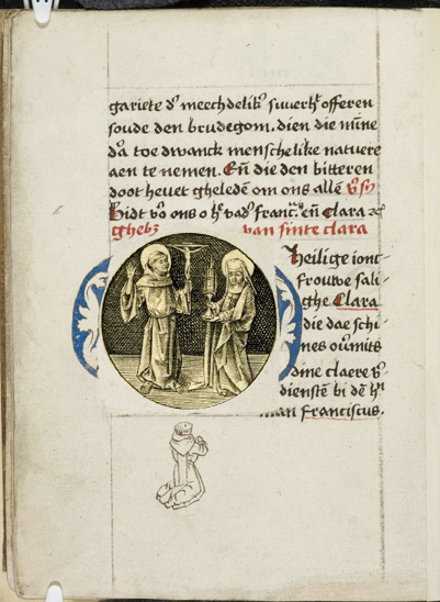 Fig. 78  Digital reconstruction: Israhel van Meckenem’s roundel with SS Francis and Clare, superimposed on a leaf from what was the beghards’ manuscript, now London, British Library, Add. Ms. 41338, fol. 9v.