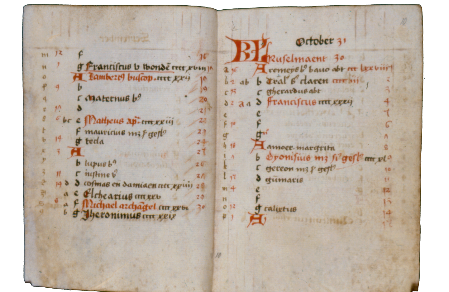 Fig. 80  Calendar in the beghards’ book of hours for the end of September and beginning of October. London, British Library, Add. Ms. 24332, fol. 9v–10r.