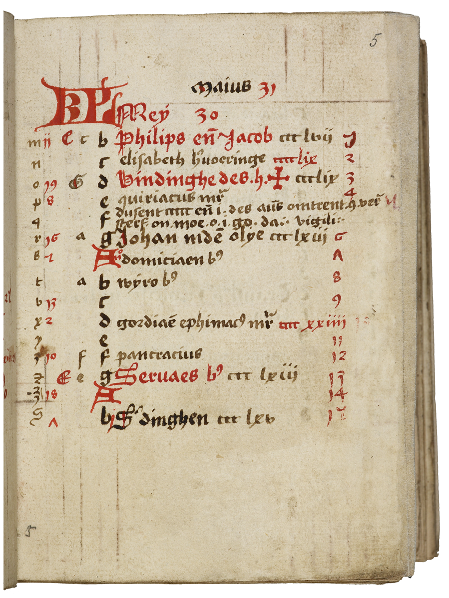 Fig. 81  Calendar in the beghards’ book of hours for the beginning of May. London, British Library, Add. Ms. 24332, fol. 5r.