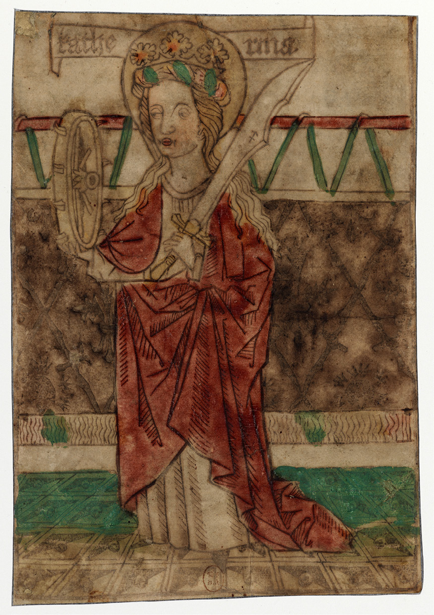 Fig. 83a  St Catherine, hand-coloured woodcut print, Southern Germany or Swabia. Paris, BnF, Rés. Ea-5 (8)-Boîte (Schreiber 1317/Bouchot 136). Published with kind permission from the Bibliothèque nationale de France.