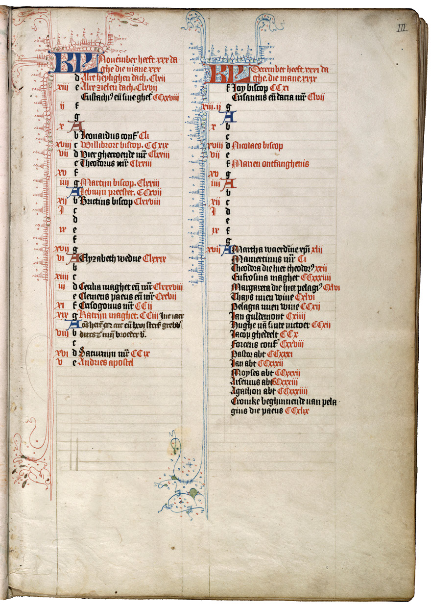 Fig. 85  Calendar in a Golden Legend turned into table of contents: months of November and December, Amsterdam, 1450. The Hague, Koninklijke Bibliotheek, Ms. 73 D 9, fol. IIIr.