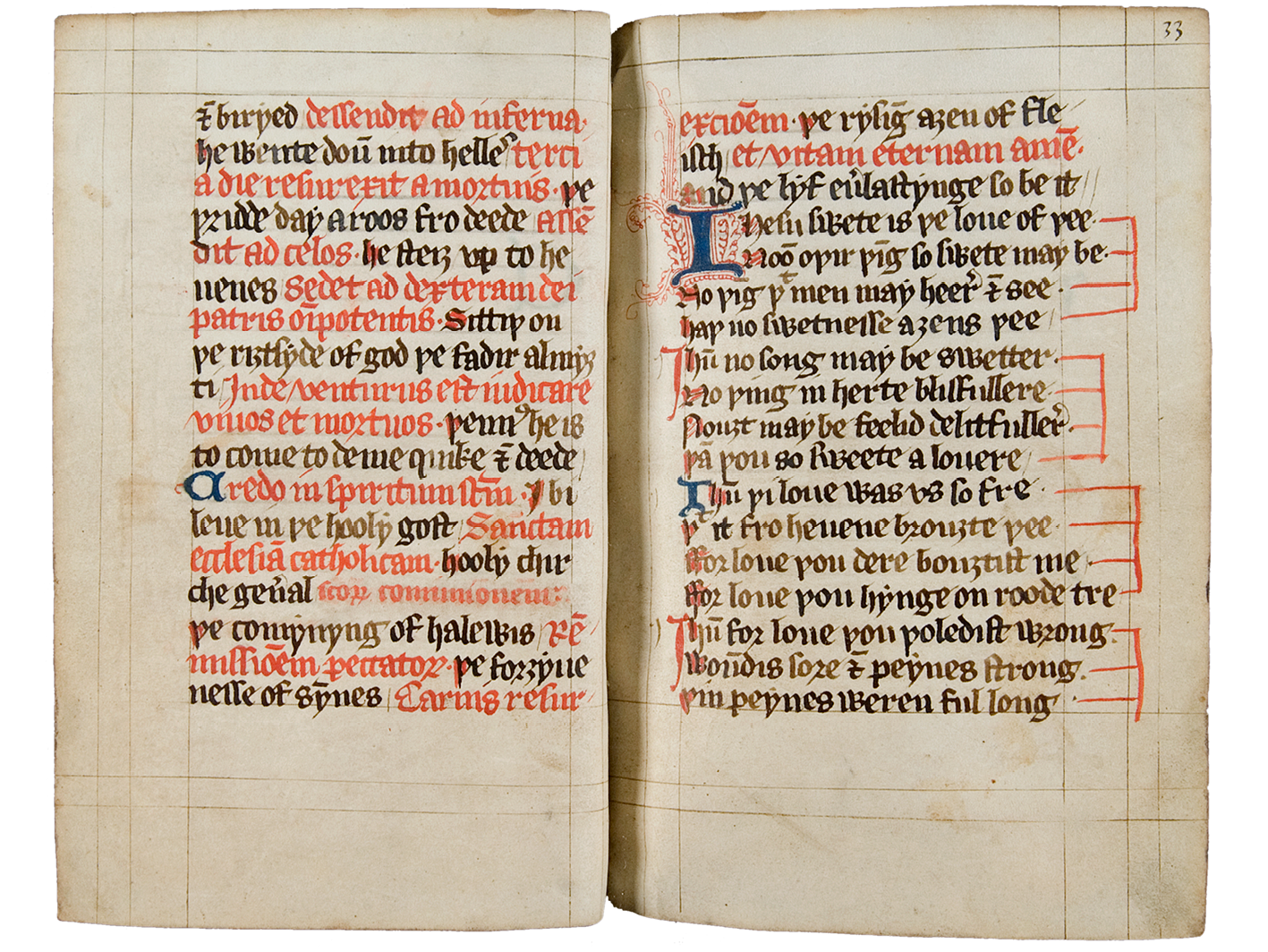 Fig. 89  Opening in an English book of hours, in English and Latin, and with red lines to mark rhyming lines of poetry. Glasgow, University Library, Ms. Hunter, H512, fol. 32v-33r.