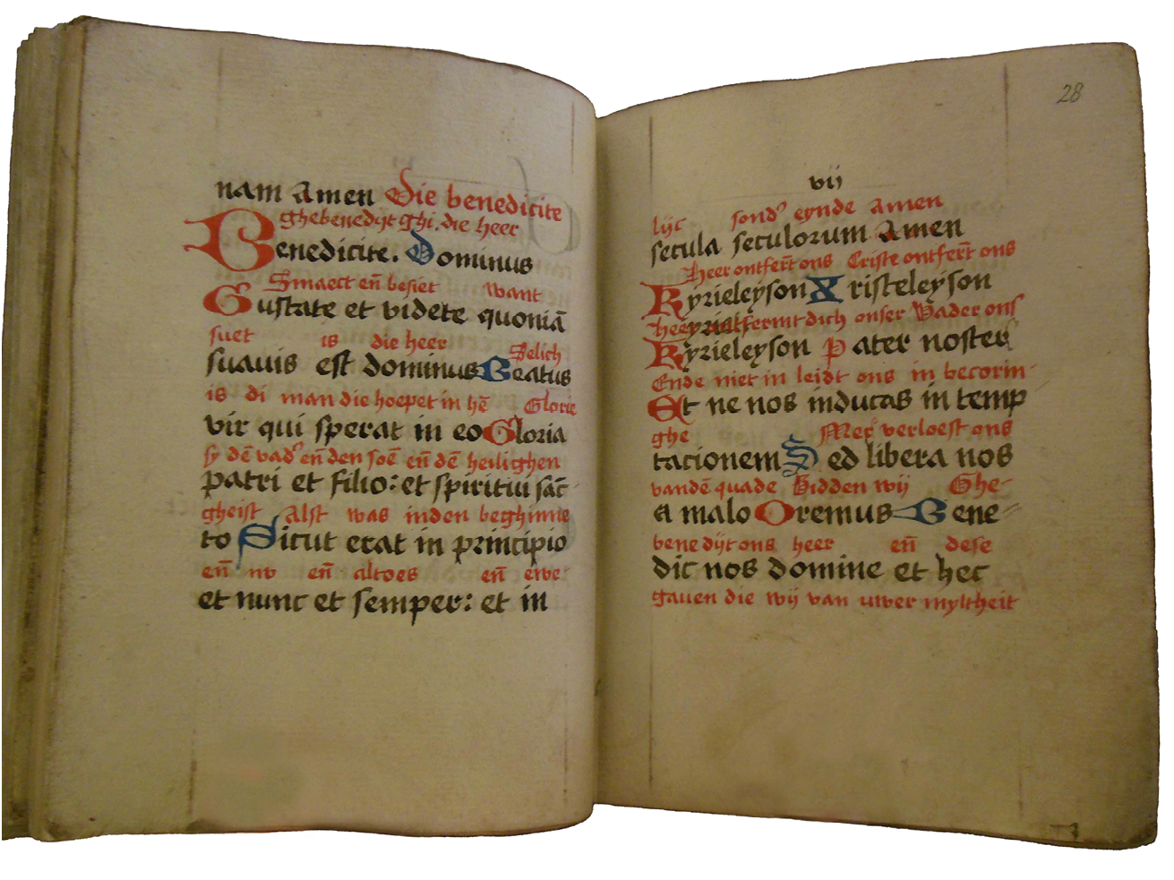 Fig. 90  Opening in the beghards’ book of hours: the beginning of the benediction, with interlineal rubricated translation. London, British Library, Add. Ms. 24332, fol. 27v-28r (modern foliation).