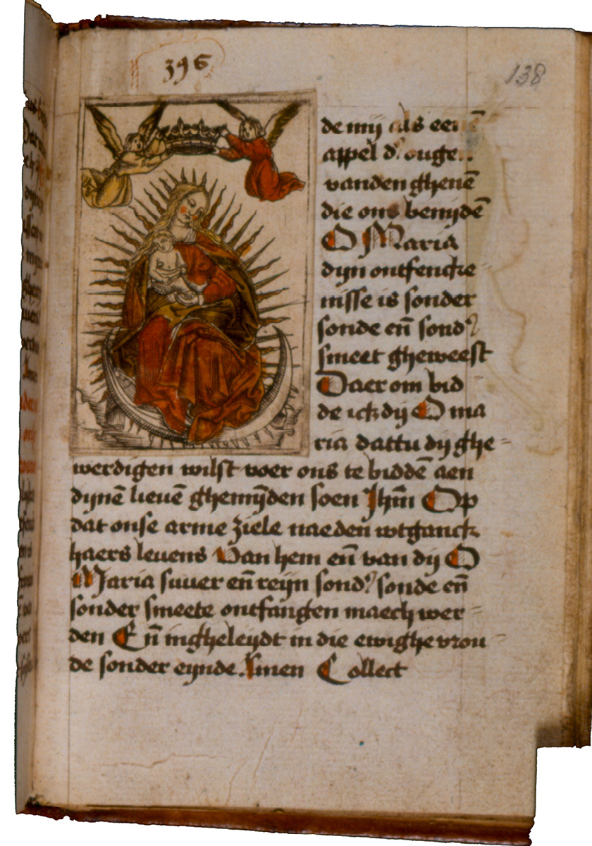 Fig. 95  Folio in the beghards’ later book of hours, with Virgin of the Sun standing on the moon (added engraving), c. 1525. London, British Library, Add. Ms. 31002, vol. I, fol. 138r.