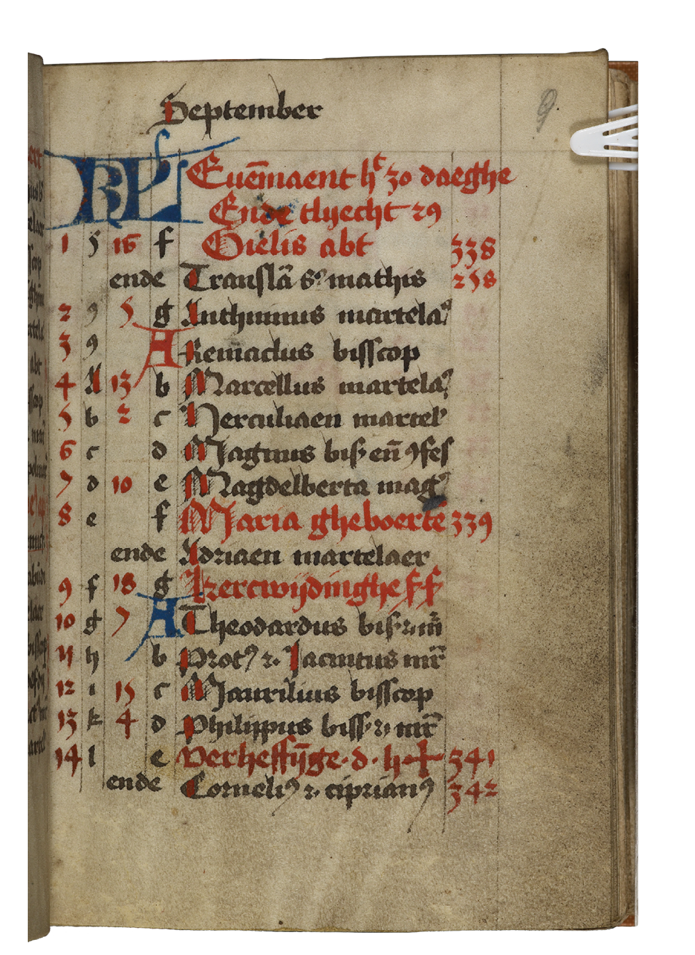Fig. 97  Opening from the calendar of the beghards’ later book of hours for August-September. London, British Library, Add. Ms. 31002, vol. I, fols 8v-9r.