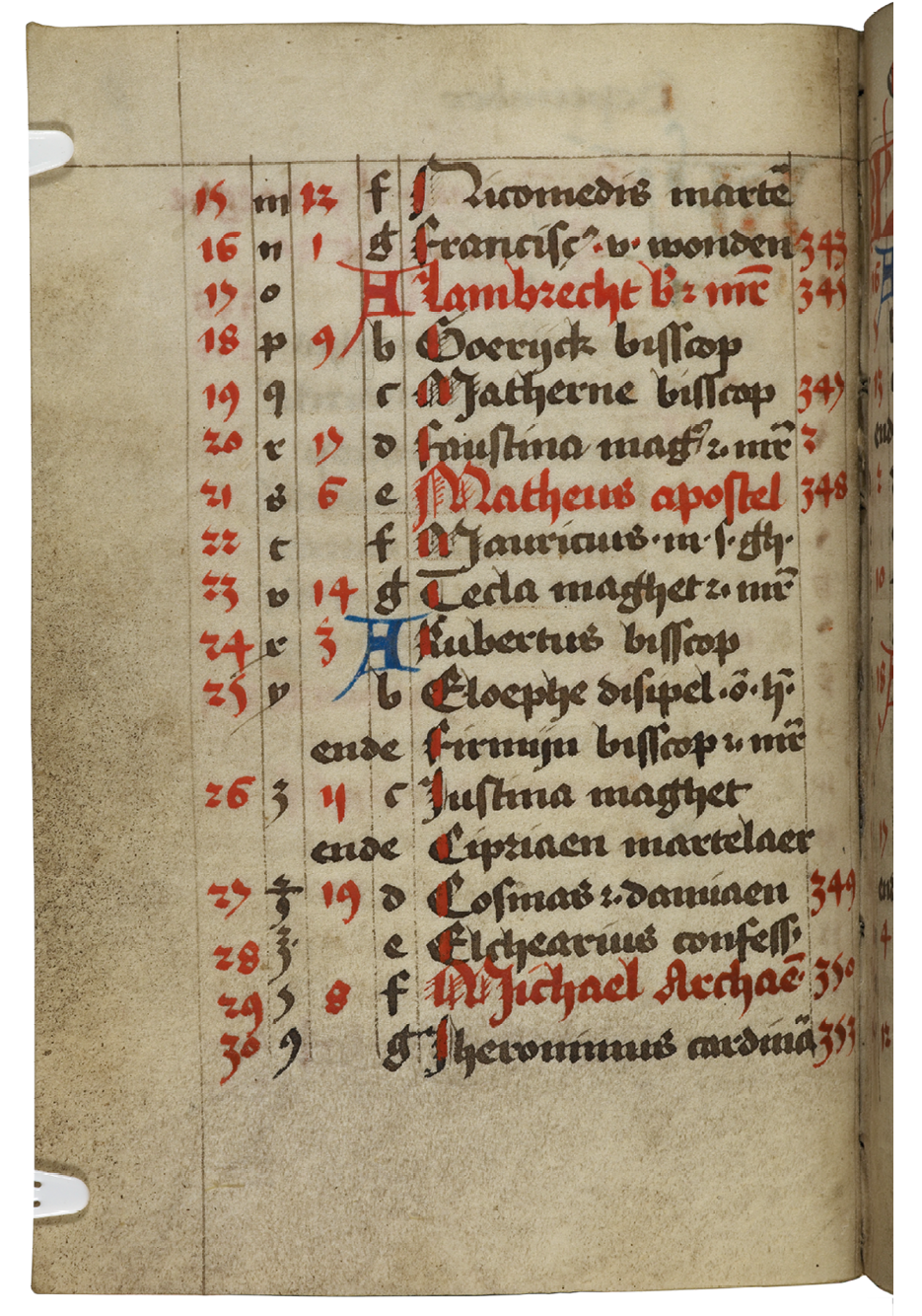 Fig. 98  Opening from the calendar of the beghards’ later book of hours for September-October. London, British Library, Add. Ms. 31002, vol. I, fols 9v-10r.