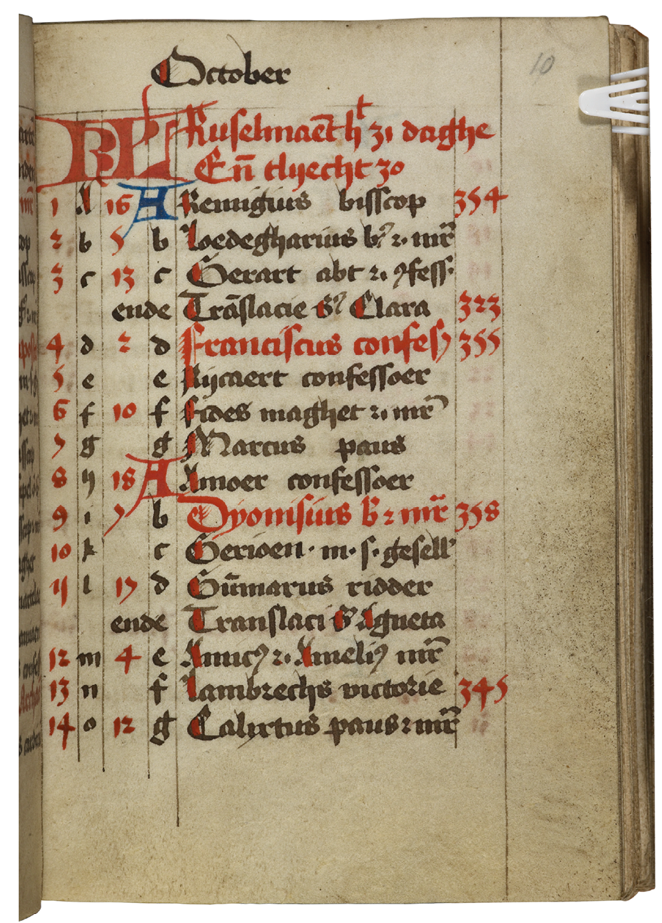Fig. 98  Opening from the calendar of the beghards’ later book of hours for September-October. London, British Library, Add. Ms. 31002, vol. I, fols 9v-10r.