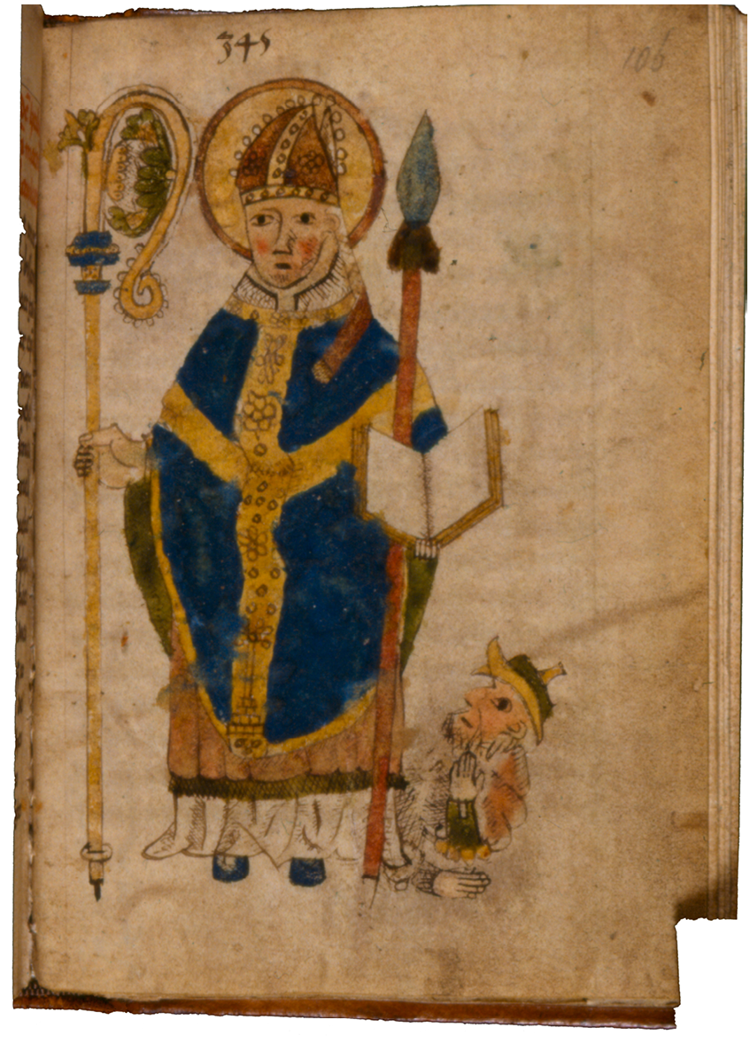 Fig. 100  Folio in the beghards’ later book of hours, with a coloured drawing depicting St Lambert. London, British Library, Add. Ms. 31002, vol. II, fol. 106r.