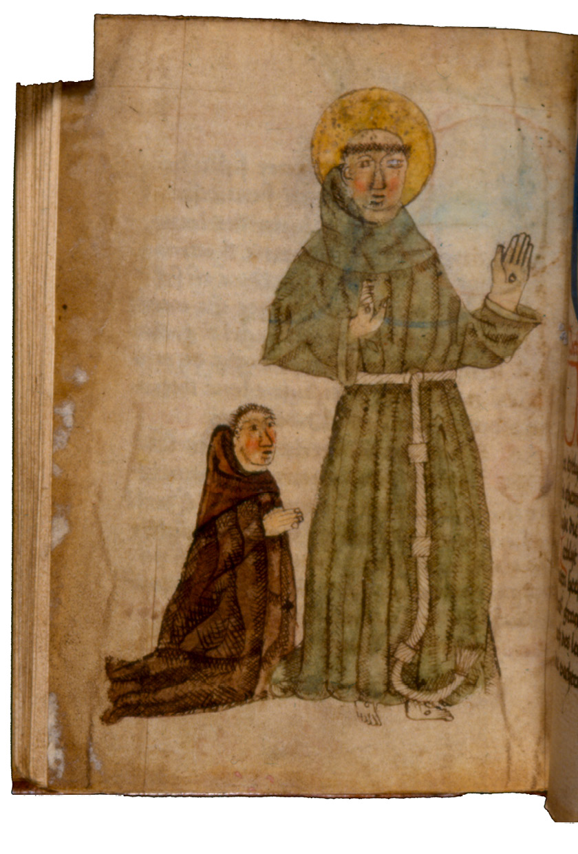 Fig. 101  Folio in the beghards’ later book of hours, with a coloured drawing depicting Brother Leo kneeling before St Francis. London, British Library, Add. Ms. 31002, vol. II, fol. 114v.