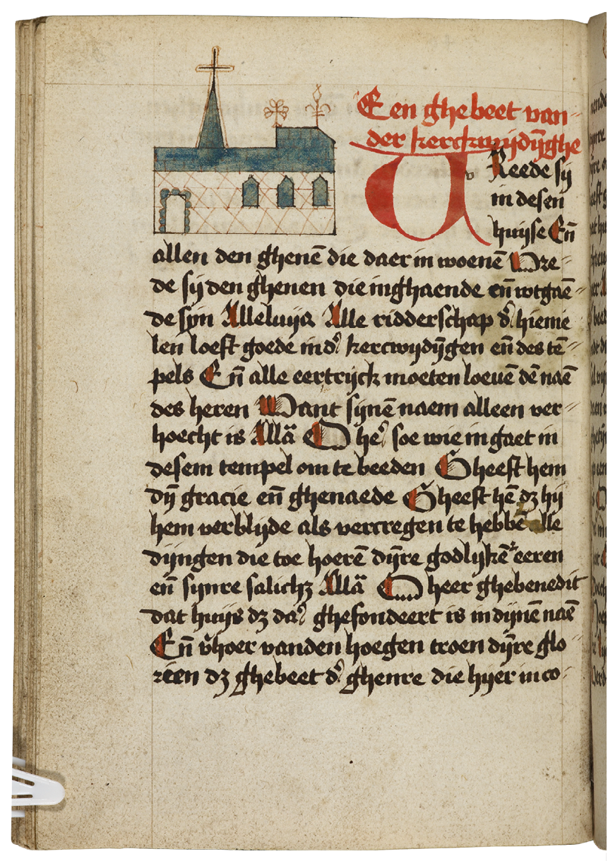 Fig. 102  Folio in the beghards’ later book of hours, with a coloured drawing depicting a church. London, British Library, Add. Ms. 31002, vol. I, fol. 50v. 