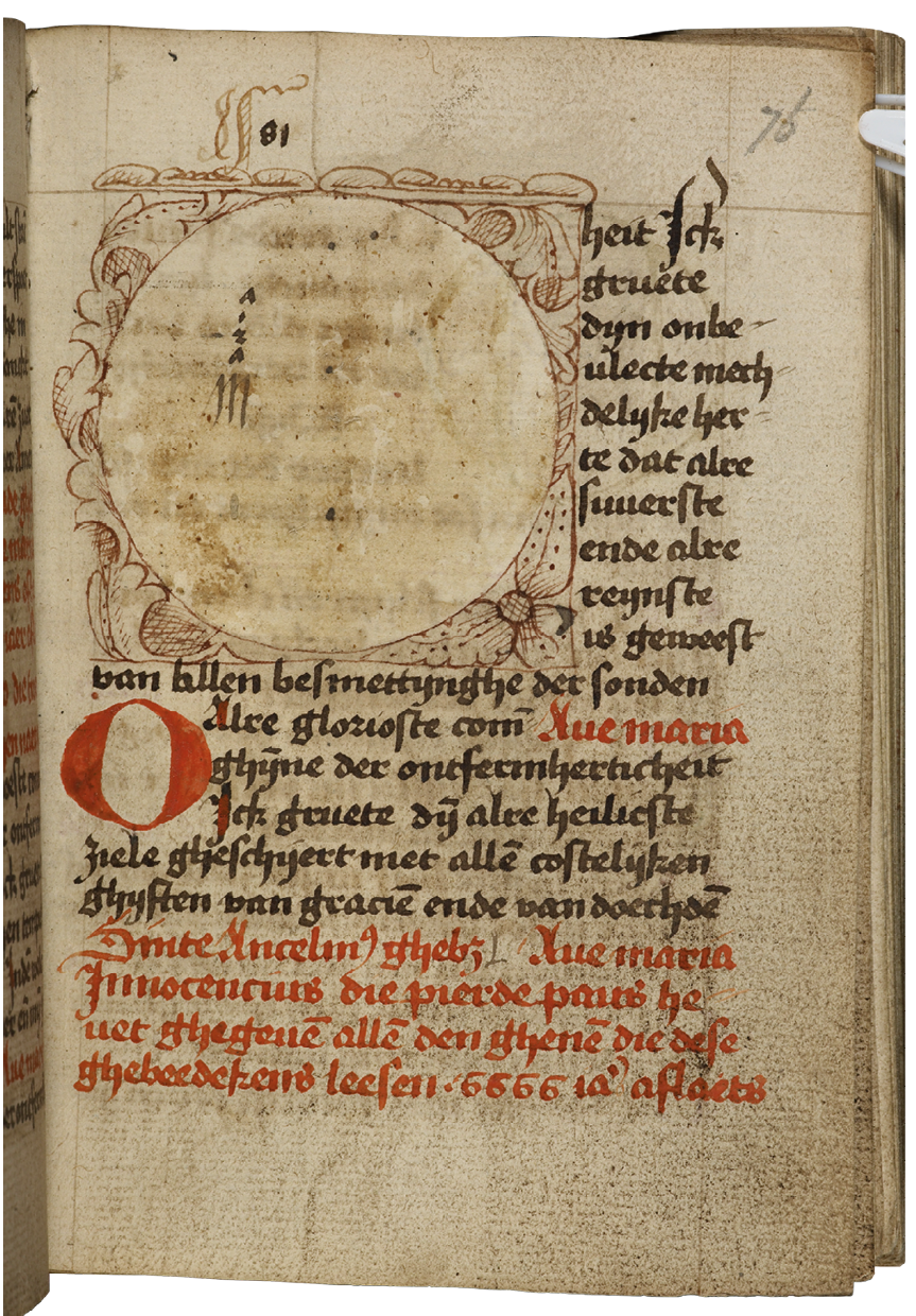 Fig. 105  Folio from the beghard’s later manuscript with a prayer, an indulgence, and a blank area where a Marian roundel was formerly pasted. London, British Library, Add. Ms. 31002, vol. I, fol. 76r.