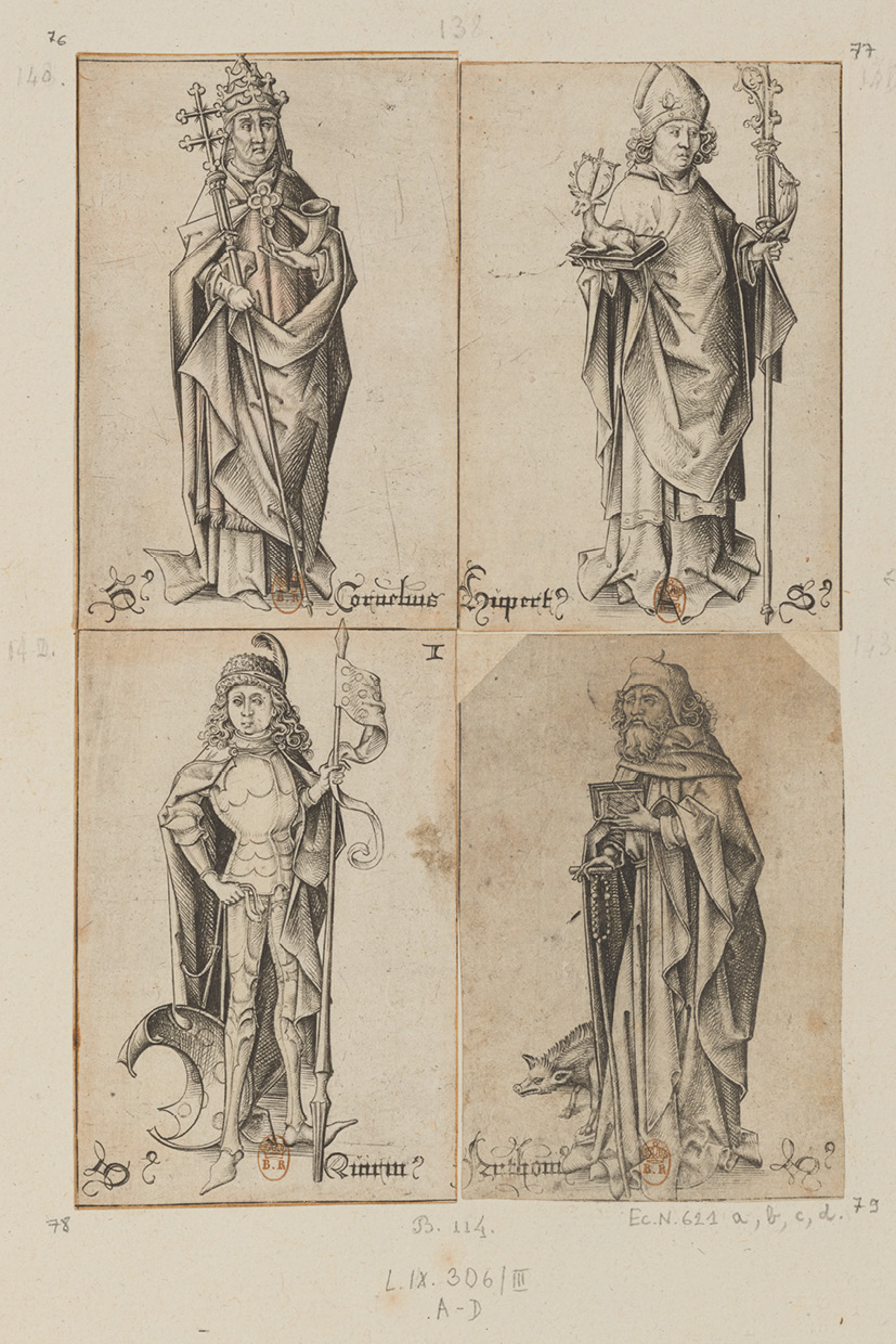 Fig. 107  Israhel van Meckenem, St Quirinus and three other saints, separate engravings mounted on one sheet. Paris, BnF, Département des Estampes, Ea48aRes(IvM). Published with kind permission from the Bibliothèque nationale de France.