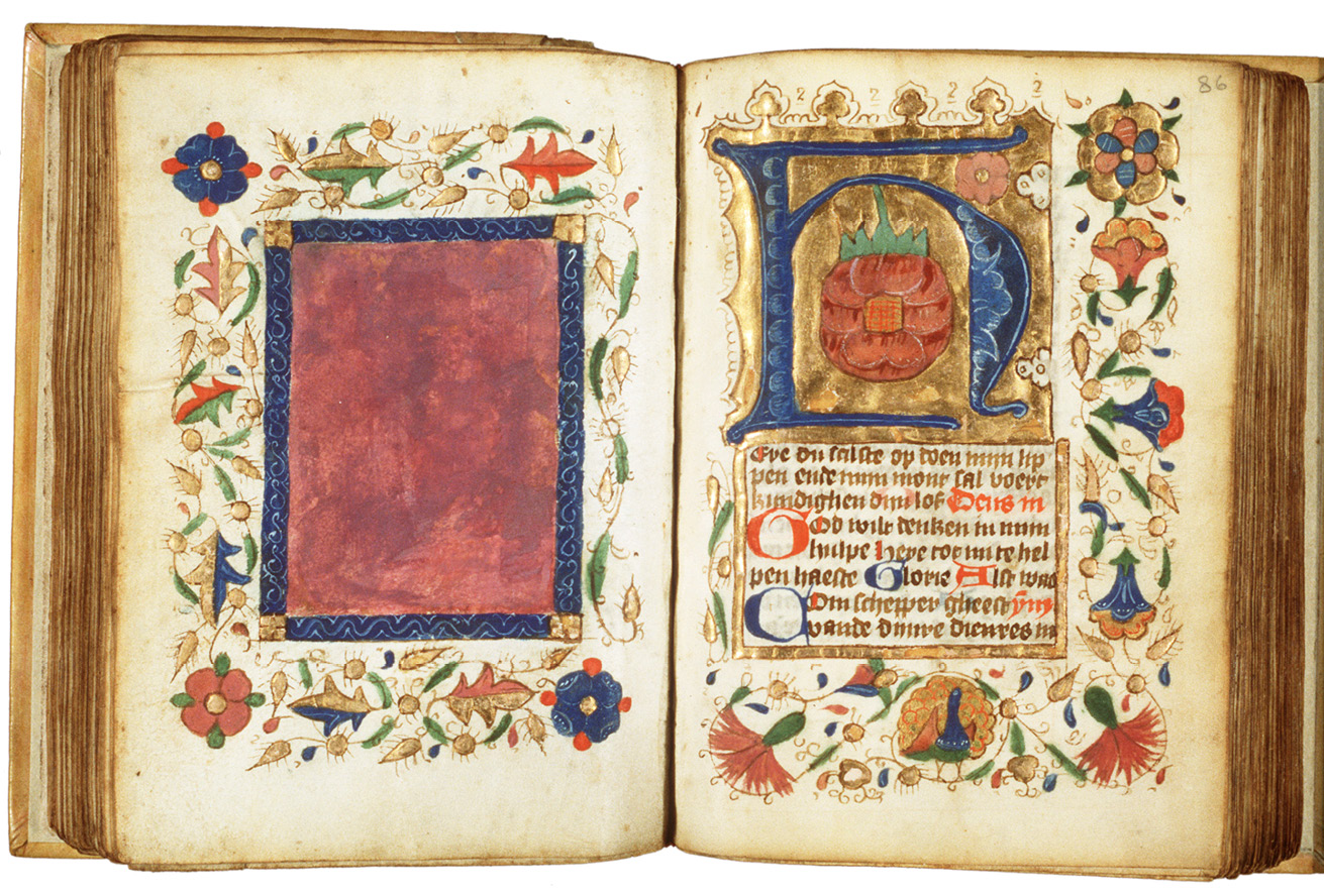 Fig. 110  Opening in a book of hours probably made by Franciscan women in Zutphen, with space left for prints to be pasted in. The Hague, Koninklijke Bibliotheek, Ms. 77 L 58, fol. 85v-86r.