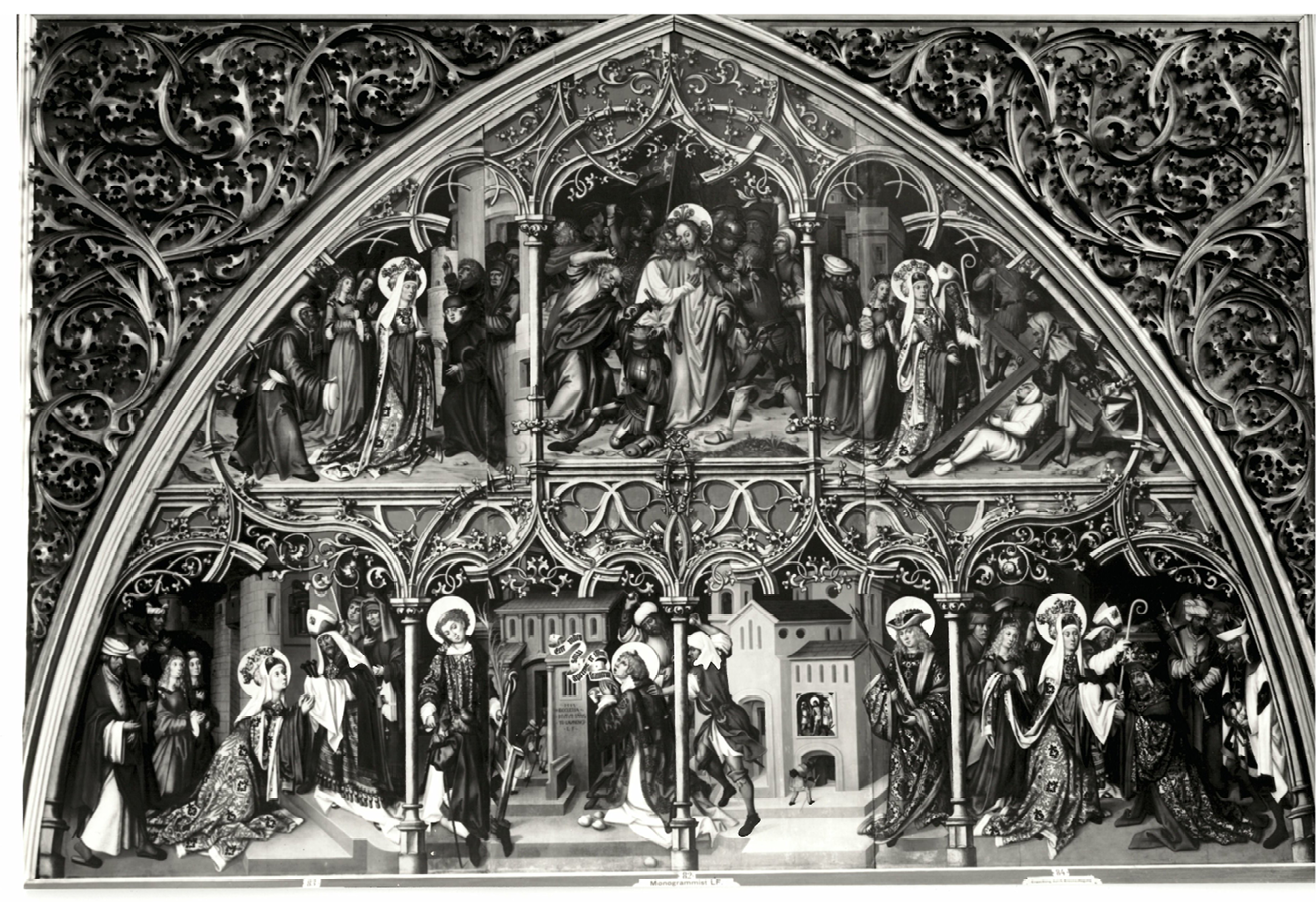 Fig. 115  Attributed to the Monogrammist LF, Basilicas of San Lorenzo and San Sebastiano surmounted by an image of Judas betraying Christ with a kiss, painting on panel, 1502. Commissioned by Helena Rephonin for the Dominican convent of St Catherine in Augsburg.
