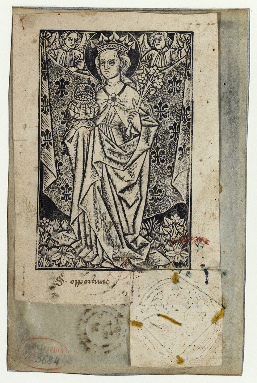 Fig. 116  Folio removed from a manuscript, with a woodcut print depicting St Opportune. Paris, BnF, Département des Estampes. (Courboin 614; Bouchot 140; Schreiber 2716). Published with kind permission from the Bibliothèque nationale de France.