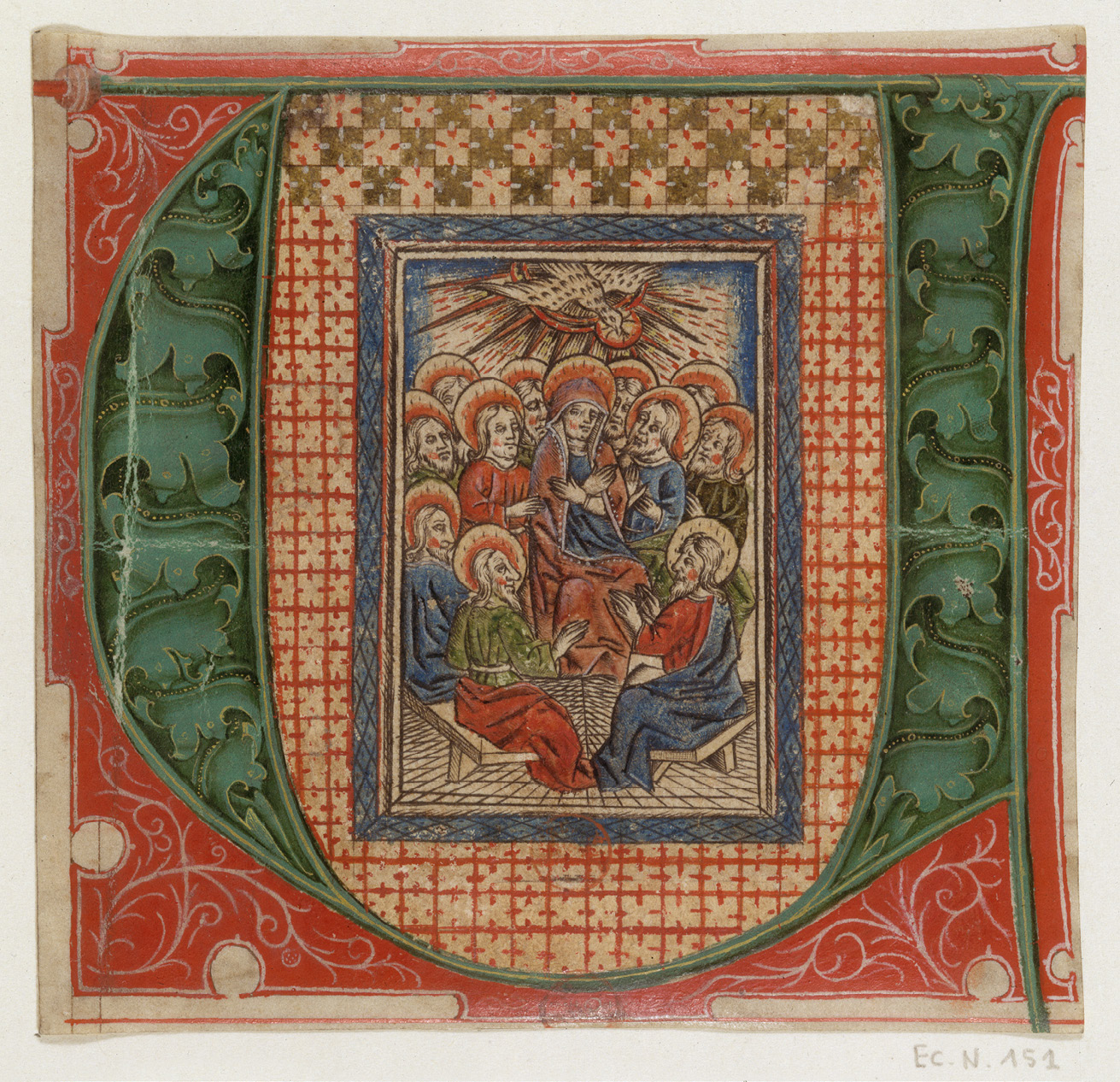 Fig. 117  Pentecost engraving pasted into a painted initial removed from a manuscript. Paris, BnF, Département des Estampes, Ea 18 c Res (Lehrs 25). Published with kind permission from the Bibliothèque nationale de France.