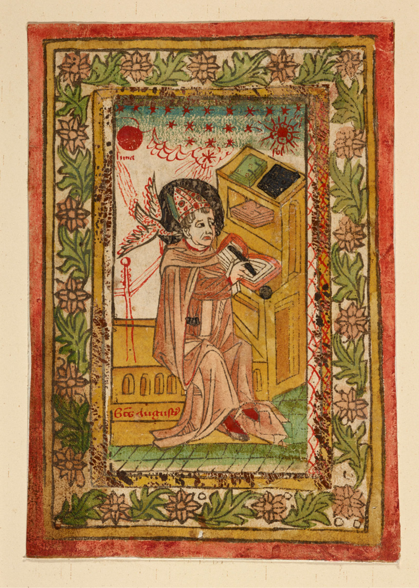 Fig. 118  St Augustine, woodcut print, hand-painted. Berlin, Kupferstichkabinett, Box 107 A3A. (Schreiber 1244 E).
