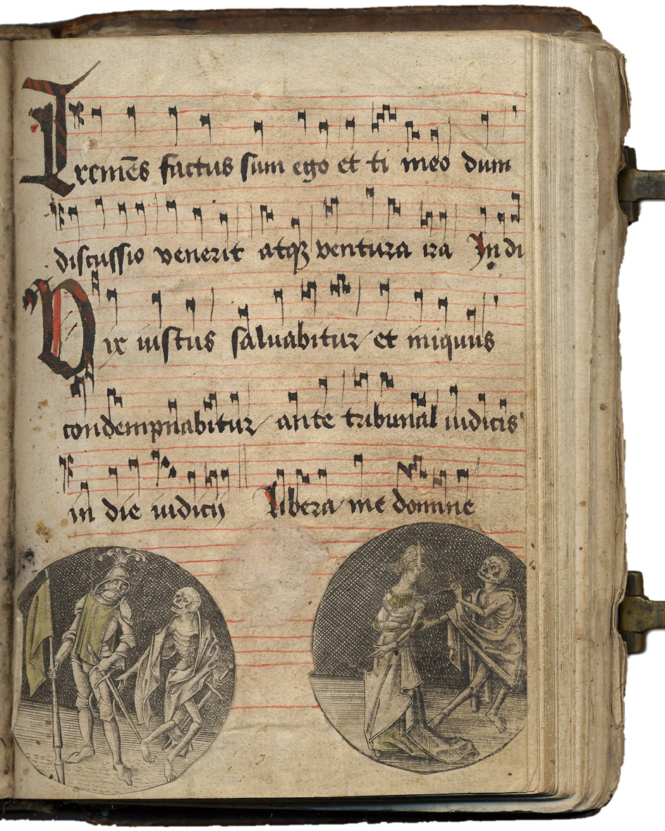Fig. 131  Music manuscript with pasted-in roundels made by Israhel van Meckenem, from Soeterbeeck in Deursen near Ravenstein, a convent of Augustinian canonesses. Nijmegen, Radboud Universiteit, Soeterbeeck Coll. Ms IV 136.