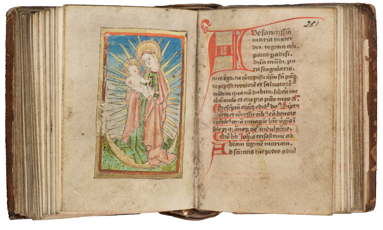 Fig. 132  Opening in a prayerbook with an added engraving depicting the Virgin of the Sun. Cambridge, Gonville and Caius College, Ms. 718/253, fols 280v-281r. 