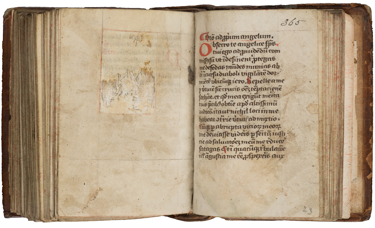 Fig. 133  Opening in a prayerbook with the remains of added engraving, opposite a prayer to a personal angel. Cambridge, Gonville and Caius College, Ms. 718/253, fols 364v-365r.