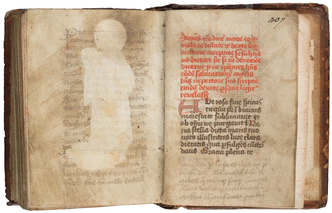 Fig. 135  Opening in a prayerbook with the ghost image of a print probably depicting the Virgin and Child. Cambridge, Gonville and Caius College, Ms. 718/253, fol. 406v-407r. 