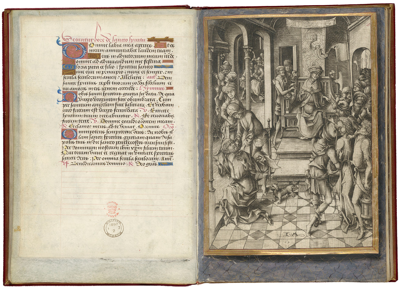 Fig. 136  Opening in a book of hours, featuring a mounted engraving by Israhel van Meckenem depicting Christ before Annas. London, British Museum, Department of Prints & Drawings, inv. 1897,0103.3, also known as London, British Library, Sloane Ms. 3981, fols 14v-15r.