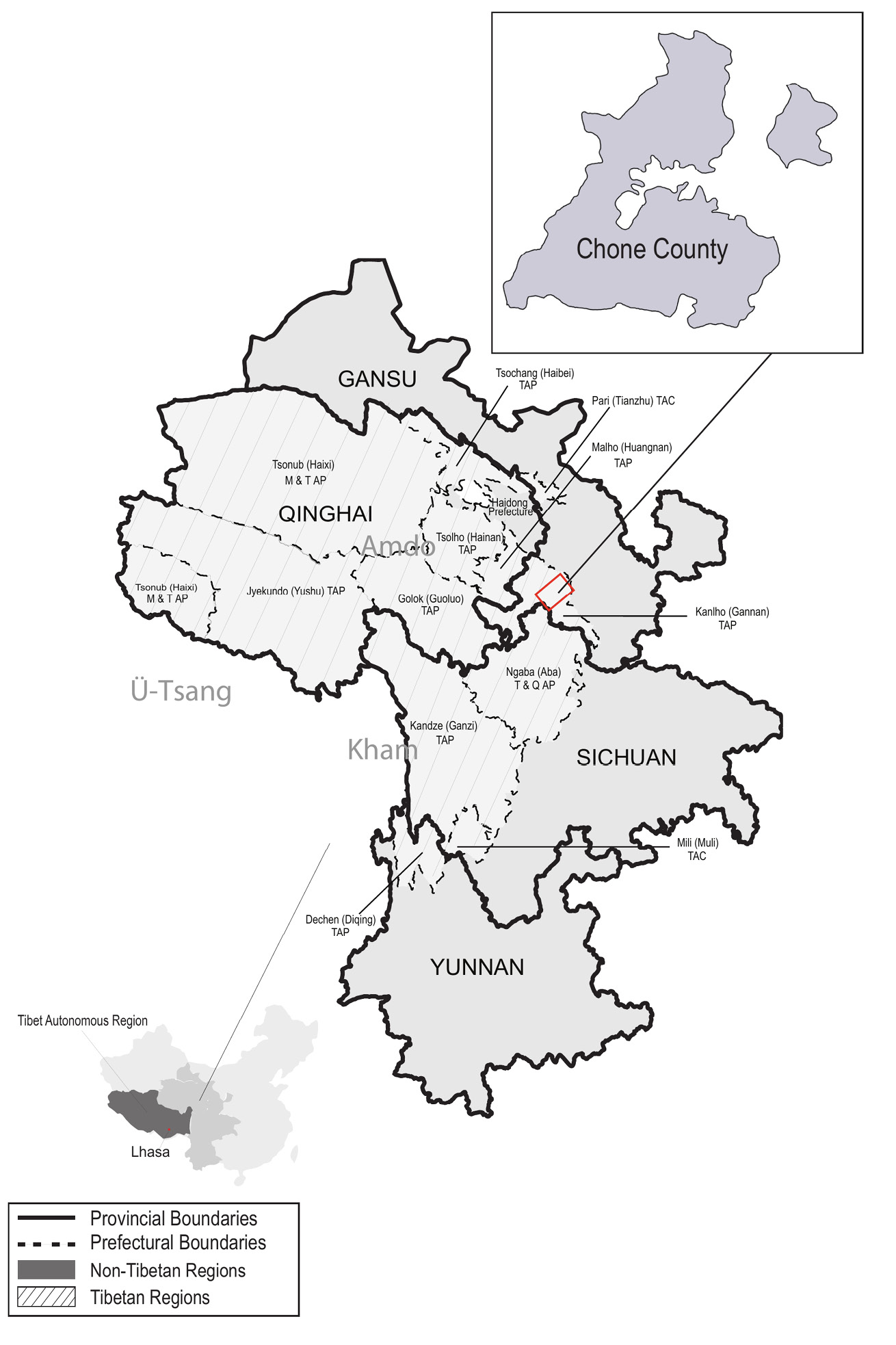 Fig. 5.1.  Map of Chone County as situated within Amdo, within China. Adapted from Kolås and Thowsen (2005: 2), CC BY-NC-ND. 