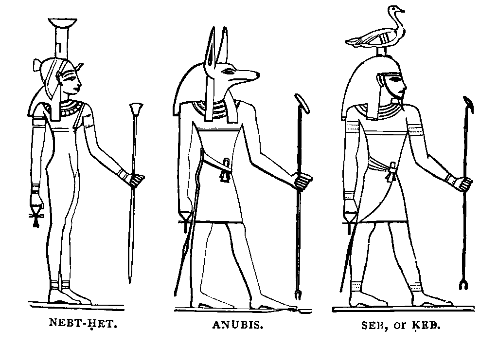 Ancient Egyptian art: Drawings of the gods Nebt-Het, Anubis, and Seb https://commons.wikimedia.org/wiki/File:Nebt-Het._AND_Anubis._AND_Seb,_or_Keb._(1902)_-_TIMEA.jpg From Travelers in the Middle East Archive. CC BY 2.5.