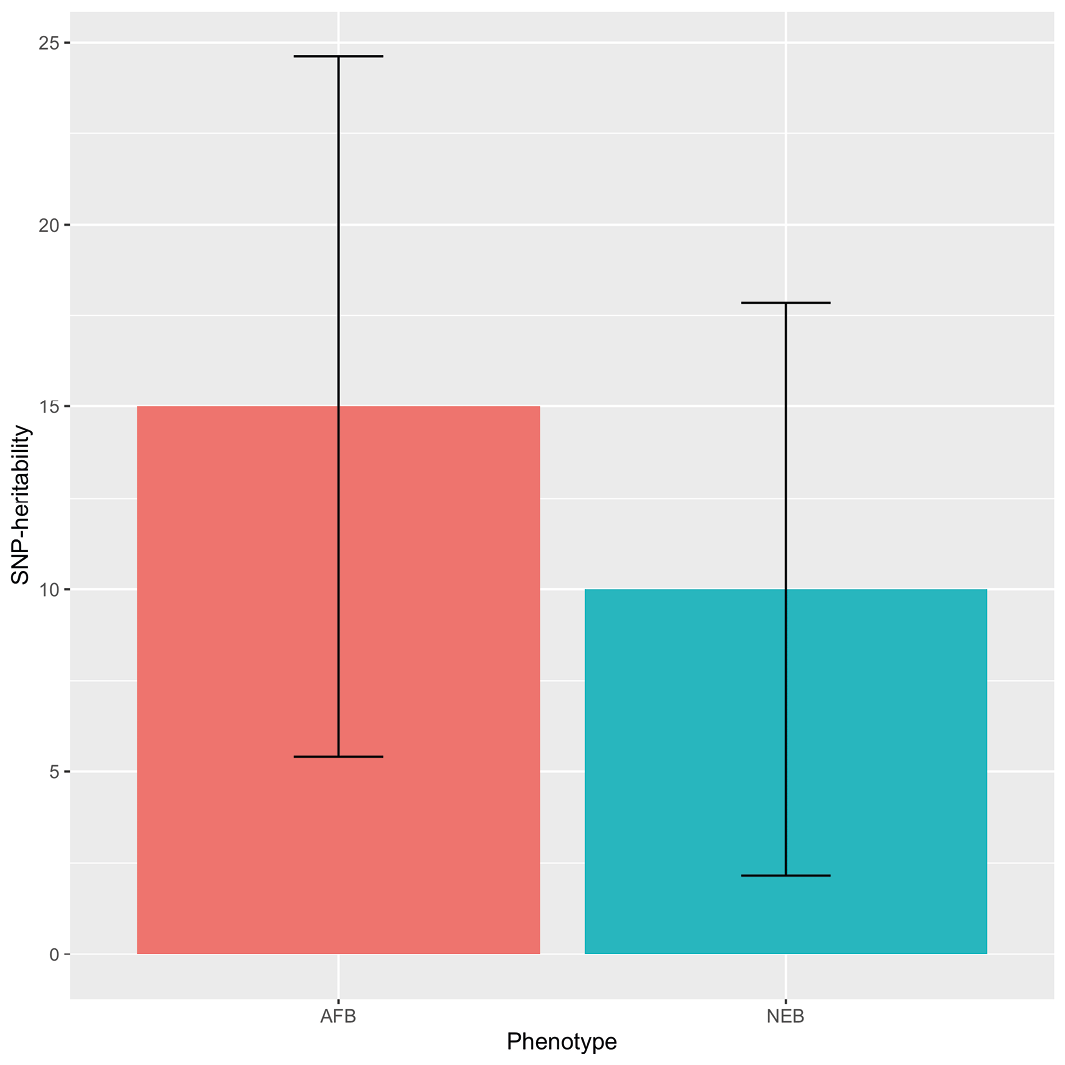A bar graph showing the estimates of the genetic variance explanation from common genes for the age at first birth (AFB) and the number of children ever born (NEB).