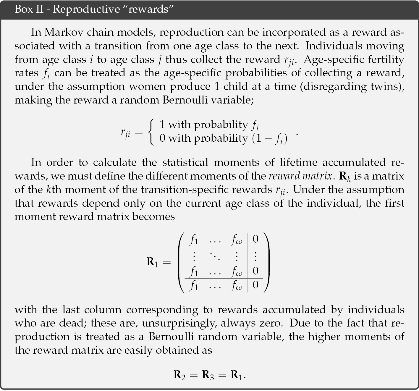 A box of text describing how Markov chain models may display reproduction as a reward associated with a transition from one age class to the next.