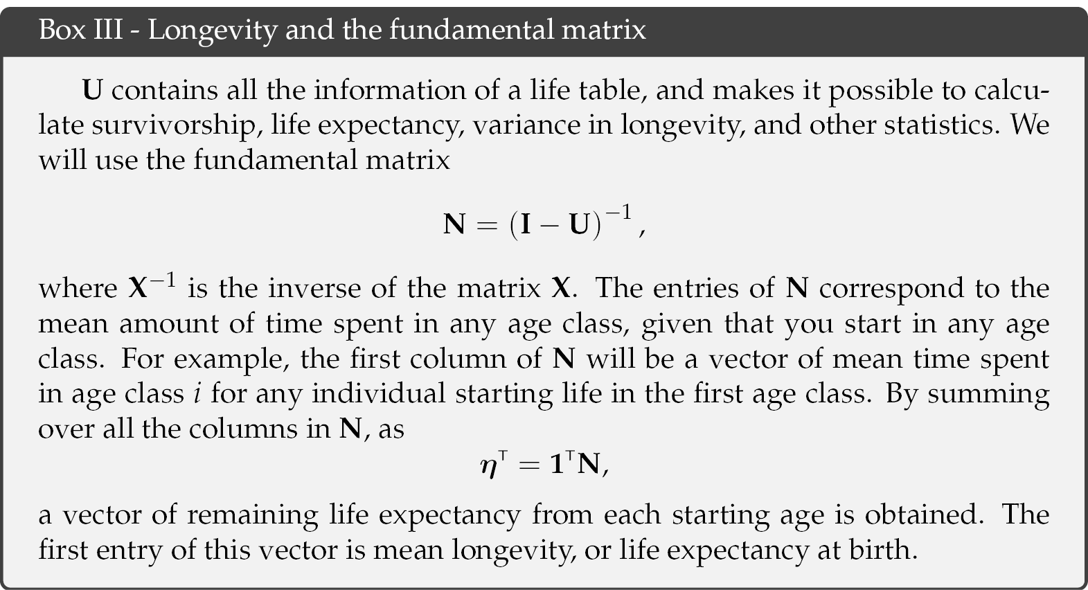 A box of text on longevity and the fundamental matrix.